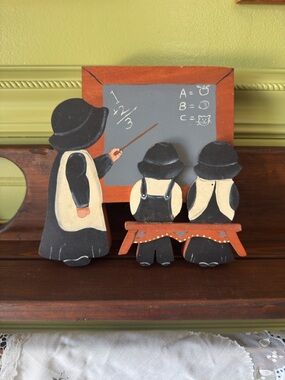 Vintage Wooden Block Figurines Amish Kids at Chalkboard Schoolhouse